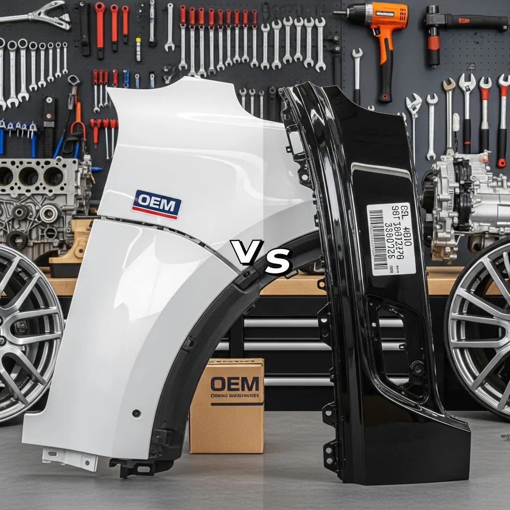 Comparison of OEM and aftermarket collision parts in a garage setting